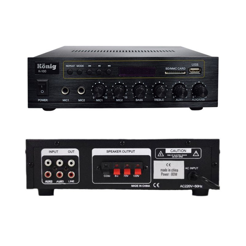 König K-80 80W USB SD Bluetooth Trafolu Anfi 100V 70V 2 Bölgeli Mixer Amplifikatör