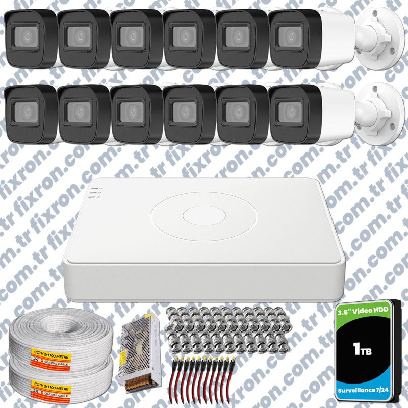 Hikvision 12 Kameralı Full HD Geniş Açı Güvenlik Kamerası 1TB Olay Anında bildirim