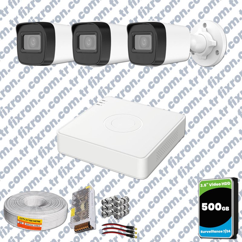 Hikvision 3 Kameralı Full HD Geniş Açı Güvenlik Kamerası 500GB Olay Anında bildirim