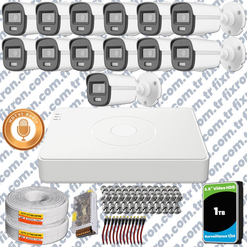 Hikvision 13'lü Full HD Güvenlik Kamerası Set 7/24 Renkli, Mikrofonlu, Olay Anında Bildirim