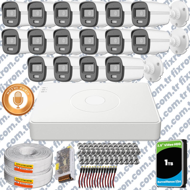 Hikvision 16'lı Full HD Güvenlik Kamerası Set 7/24 Renkli, Mikrofonlu, Olay Anında Bildirim