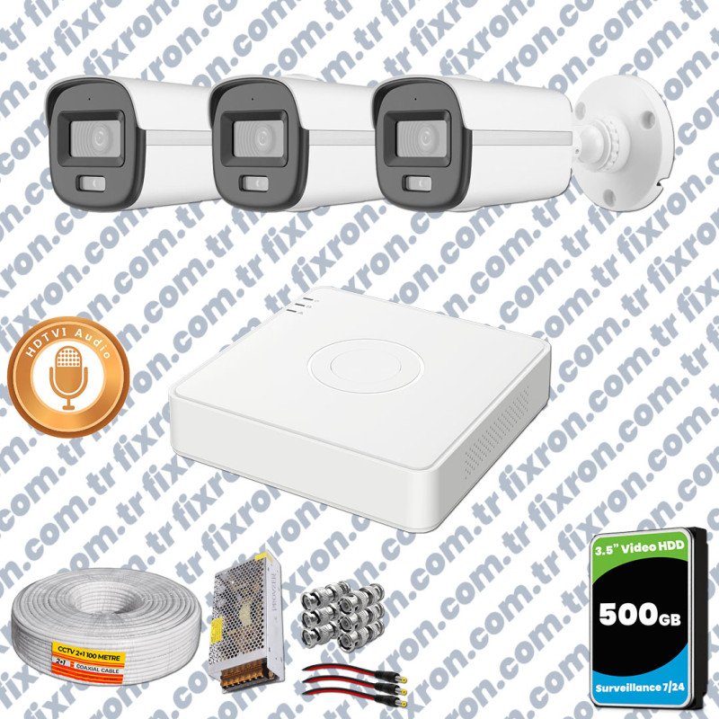 Hikvision 3'lü Full HD Güvenlik Kamerası Set 7/24 Renkli, Mikrofonlu, Olay Anında Bildirim