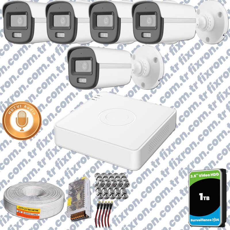 Hikvision 5'li Full HD Güvenlik Kamerası Set 7/24 Renkli, Mikrofonlu, Olay Anında Bildirim