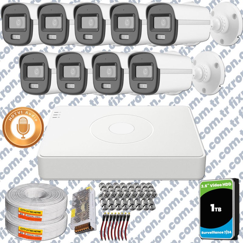 Hikvision 9'lu Full HD Güvenlik Kamerası Set 7/24 Renkli, Mikrofonlu, Olay Anında Bildirim