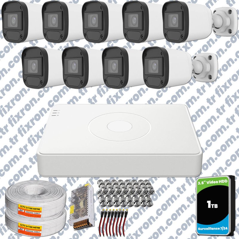 Hikvision Unv 9'lu Full HD Güvenlik Kamerası Set Gece Görüş, Mikrofon, Olay Anında Bildirim