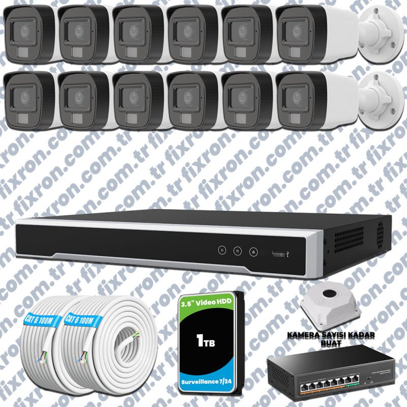 Hikvision 12 Kameralı IP Full HD Renkli Güvenlik Kamerası Mikrofonlu