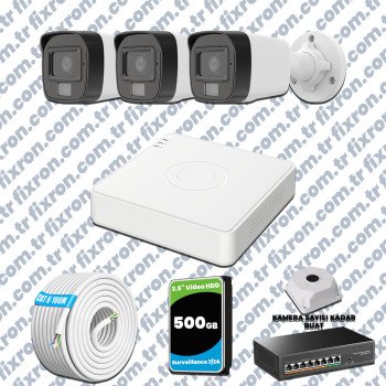 Hikvision 3 Kameralı IP Full HD Renkli Güvenlik Kamerası Mikrofonlu