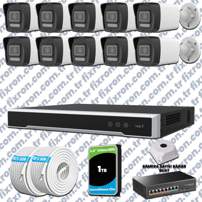 Hikvision 10 Kameralı IP 1080P ColorVu Güvenlik Kamerası Mikrofonlu Olay Anında bildirim
