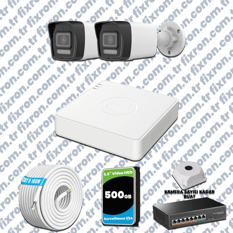 Hikvision 2 Kameralı IP 1080P ColorVu Güvenlik Kamerası Mikrofonlu Olay Anında bildirim