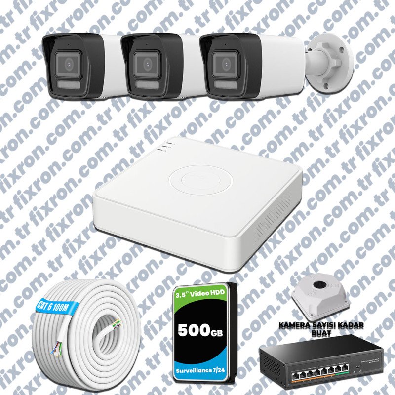 Hikvision 3 Kameralı IP 1080P ColorVu Güvenlik Kamerası Mikrofonlu Olay Anında bildirim