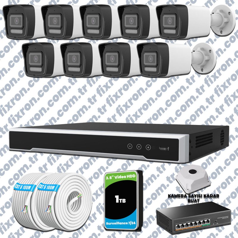 Hikvision 9 Kameralı IP 1080P ColorVu Güvenlik Kamerası Mikrofonlu Olay Anında bildirim