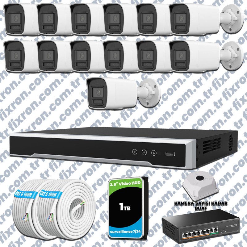 Hikvision Hibrit IP ColorVu 13 Kameralı Güvenlik Kamerası Mikrofonlu Olay Anında bildirim