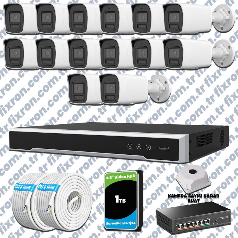 Hikvision Hibrit IP ColorVu 14 Kameralı Güvenlik Kamerası Mikrofonlu Olay Anında bildirim