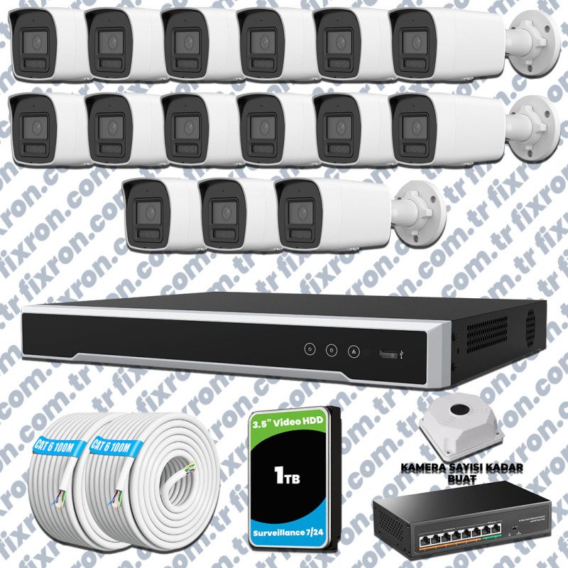 Hikvision Hibrit IP ColorVu 15 Kameralı Güvenlik Kamerası Mikrofonlu Olay Anında bildirim