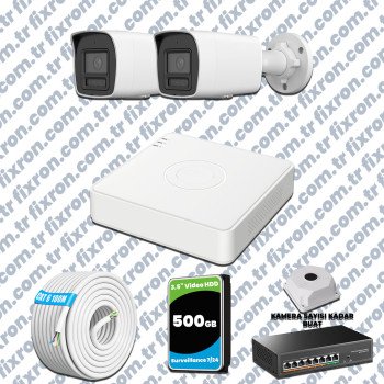Hikvision Hibrit IP ColorVu 2 Kameralı Güvenlik Kamerası Mikrofonlu Olay Anında bildirim