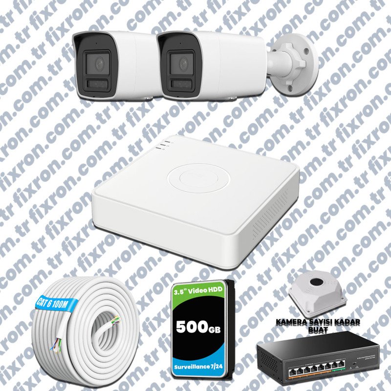 Hikvision Hibrit IP ColorVu 2 Kameralı Güvenlik Kamerası Mikrofonlu Olay Anında bildirim