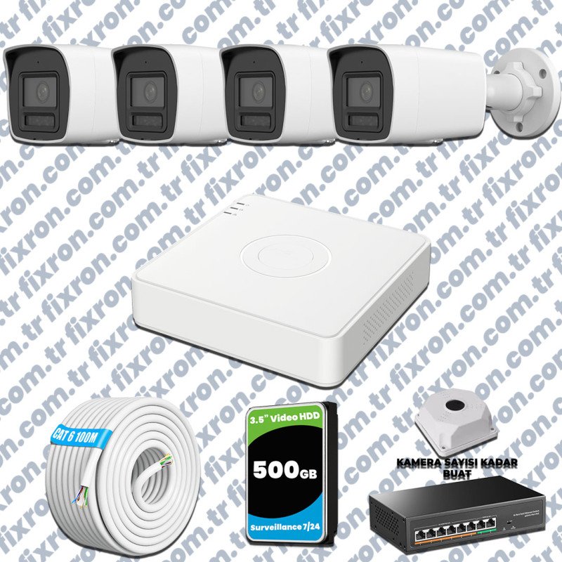 Hikvision Hibrit IP ColorVu 4 Kameralı Güvenlik Kamerası Mikrofonlu Olay Anında bildirim