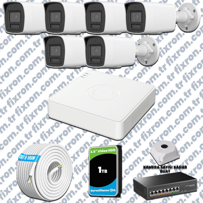 Hikvision Hibrit IP ColorVu 6 Kameralı Güvenlik Kamerası Mikrofonlu Olay Anında bildirim