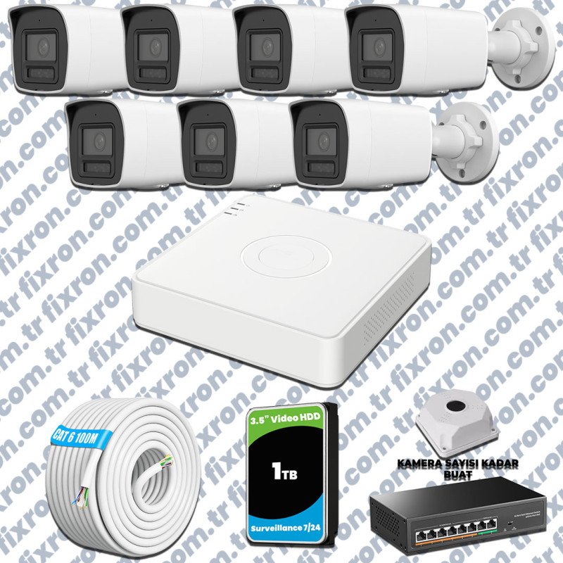 Hikvision Hibrit IP ColorVu 7 Kameralı Güvenlik Kamerası Mikrofonlu Olay Anında bildirim