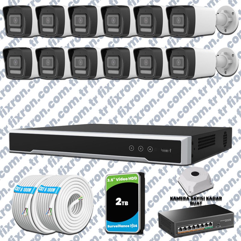 Hikvision 12 IP 4MP Hibrit ColorVu Güvenlik Kamerası Seti Olay Anında bildirim