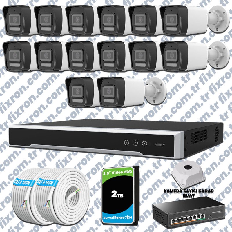 Hikvision 14 IP 4MP Hibrit ColorVu Güvenlik Kamerası Seti Olay Anında bildirim