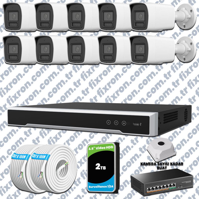 Hikvision 10 Kameralı 4MP IP Hibrit ColorVu Güvenlik Kamerası Mikrofonlu Olay Anında bildirim
