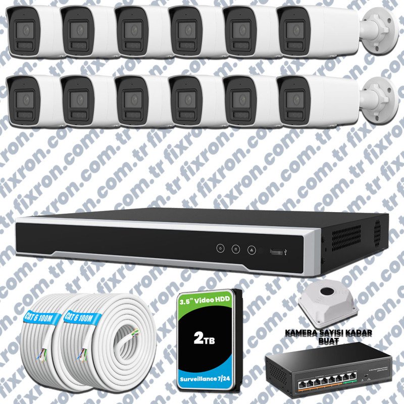 Hikvision 12 Kameralı 4MP IP Hibrit ColorVu Güvenlik Kamerası Mikrofonlu Olay Anında bildirim