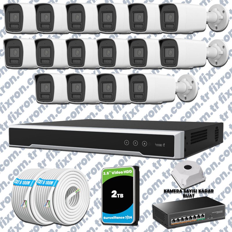 Hikvision 16 Kameralı 4MP IP Hibrit ColorVu Güvenlik Kamerası Mikrofonlu Olay Anında bildirim