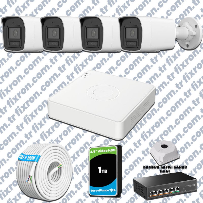 Hikvision 4 Kameralı 4MP IP Hibrit ColorVu Güvenlik Kamerası Mikrofonlu Olay Anında bildirim