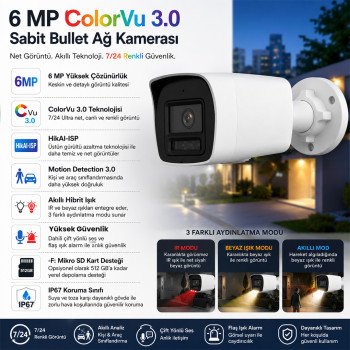 Hikvision 4 Kameralı 6MP IP ColorVu 3.0 Güvenlik Sistemi AI İnsan Araç Algılama Çift Yönlü Ses ve Işıklı Alarm