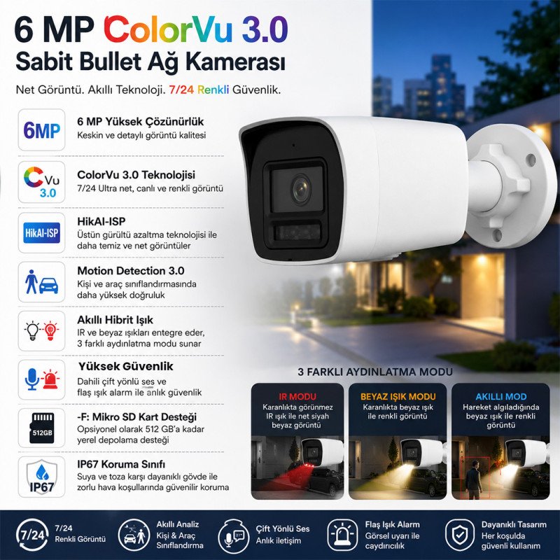 Hikvision 3 Kameralı 6MP IP ColorVu 3.0 Güvenlik Sistemi AI İnsan Araç Algılama Çift Yönlü Ses ve Işıklı Alarm