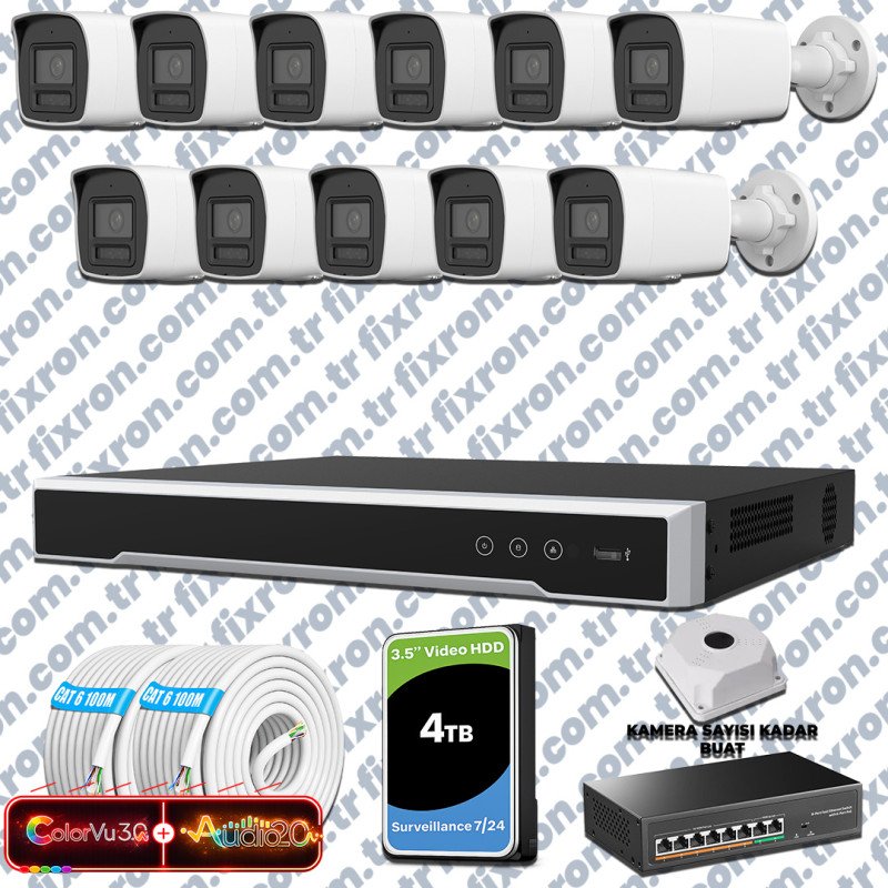 Hikvision 11 Kameralı 6MP IP ColorVu 3.0 Güvenlik Sistemi AI İnsan Araç Algılama Çift Yönlü Ses ve Işıklı Alarm
