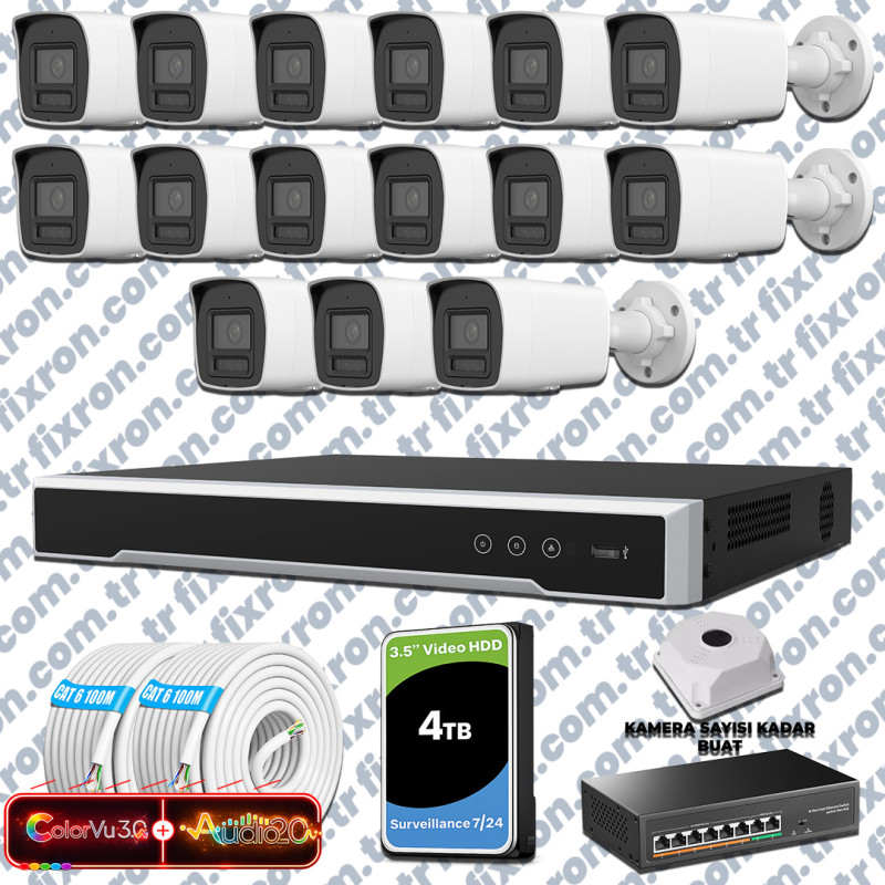 Hikvision 15 Kameralı 6MP IP ColorVu 3.0 Güvenlik Sistemi AI İnsan Araç Algılama Çift Yönlü Ses ve Işıklı Alarm
