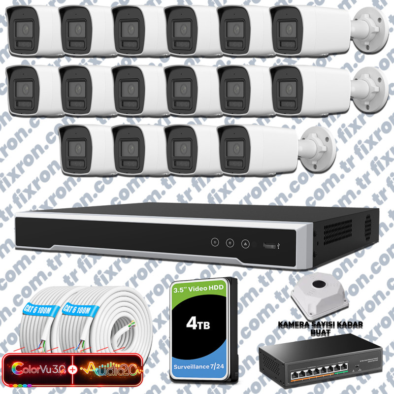 Hikvision 16 Kameralı 6MP IP ColorVu 3.0 Güvenlik Sistemi AI İnsan Araç Algılama Çift Yönlü Ses ve Işıklı Alarm