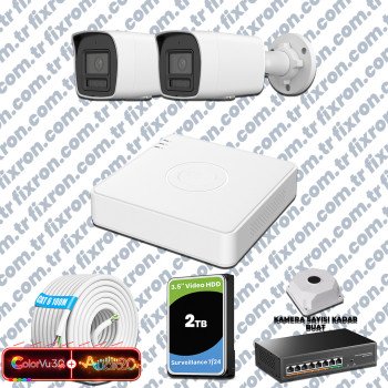Hikvision 2 Kameralı 6MP IP ColorVu 3.0 Güvenlik Sistemi AI İnsan Araç Algılama Çift Yönlü Ses ve Işıklı Alarm