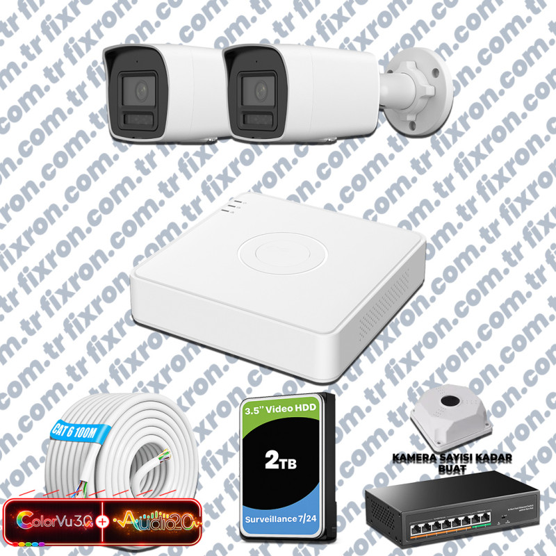 Hikvision 2 Kameralı 6MP IP ColorVu 3.0 Güvenlik Sistemi AI İnsan Araç Algılama Çift Yönlü Ses ve Işıklı Alarm
