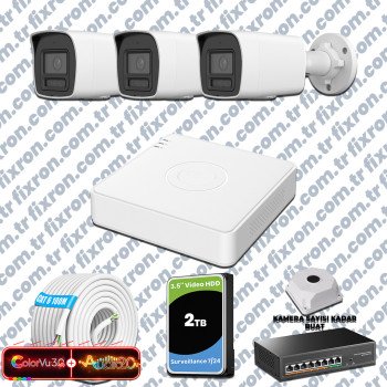 Hikvision 3 Kameralı 6MP IP ColorVu 3.0 Güvenlik Sistemi AI İnsan Araç Algılama Çift Yönlü Ses ve Işıklı Alarm