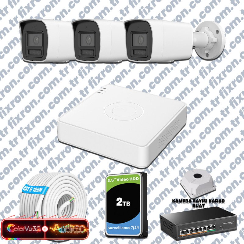 Hikvision 3 Kameralı 6MP IP ColorVu 3.0 Güvenlik Sistemi AI İnsan Araç Algılama Çift Yönlü Ses ve Işıklı Alarm
