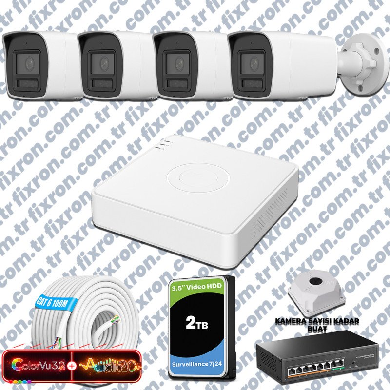 Hikvision 4 Kameralı 6MP IP ColorVu 3.0 Güvenlik Sistemi AI İnsan Araç Algılama Çift Yönlü Ses ve Işıklı Alarm