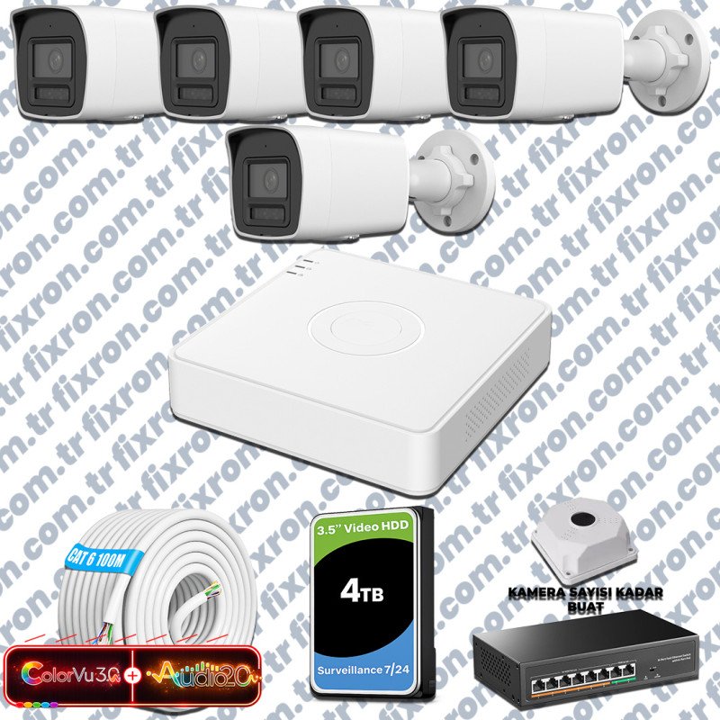 Hikvision 5 Kameralı 6MP IP ColorVu 3.0 Güvenlik Sistemi AI İnsan Araç Algılama Çift Yönlü Ses ve Işıklı Alarm