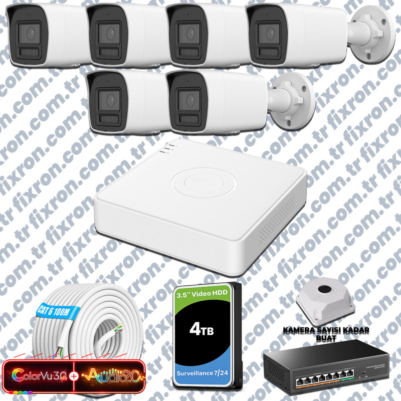 Hikvision 6 Kameralı 6MP IP ColorVu 3.0 Güvenlik Sistemi AI İnsan Araç Algılama Çift Yönlü Ses ve Işıklı Alarm