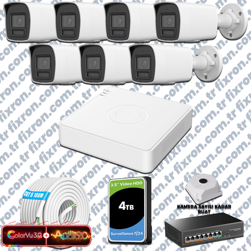 Hikvision 7 Kameralı 6MP IP ColorVu 3.0 Güvenlik Sistemi AI İnsan Araç Algılama Çift Yönlü Ses ve Işıklı Alarm