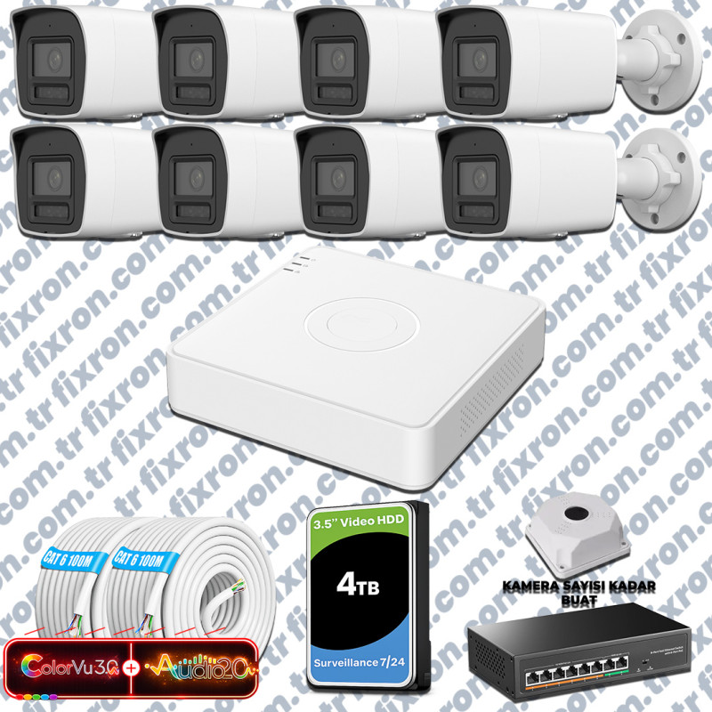 Hikvision 8 Kameralı 6MP IP ColorVu 3.0 Güvenlik Sistemi AI İnsan Araç Algılama Çift Yönlü Ses ve Işıklı Alarm