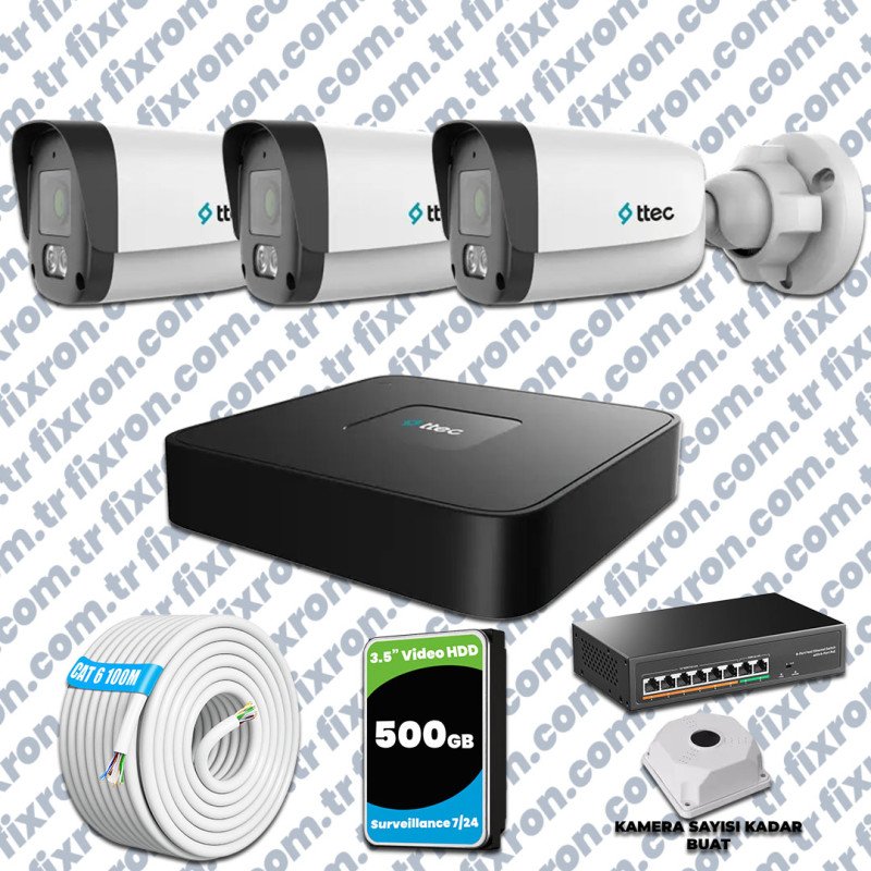 TTec 3 Kameralı 1080P Mikrofonlu IP Güvenlik Kamera Seti