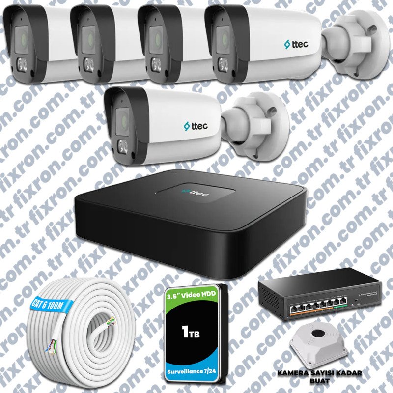 TTec 5 Kameralı 1080P Mikrofonlu IP Güvenlik Kamera Seti