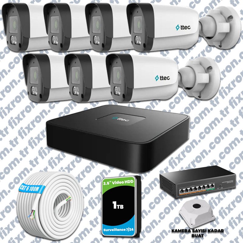 TTec 7 Kameralı 1080P Mikrofonlu IP Güvenlik Kamera Seti
